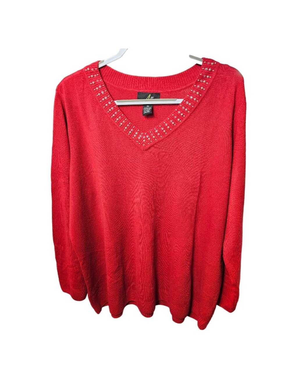 Allegra Red V-Neck Sweater With Studded Neckline - Size 3X